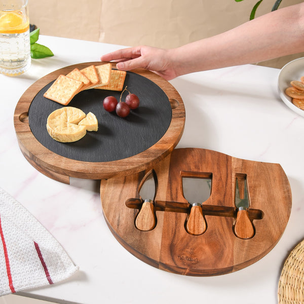 Round Wooden Charcuterie Board With Cheese Knives