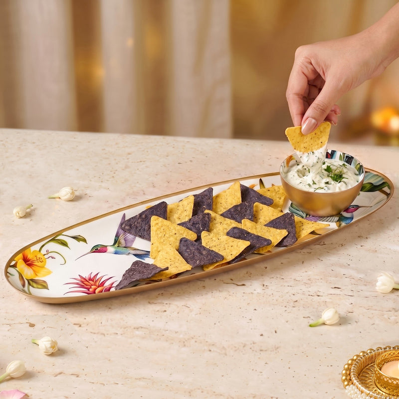 Tropical Long Metal Platter With Dip Bowl Set Of 2 In Gift Box