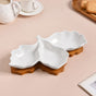 3 Section Leafy Ceramic Plate With Wooden Tray - Section plate, white ceramic plate, compartment plates ceramic