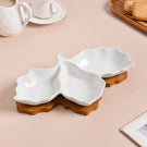 3 Section Leafy Ceramic Plate With Wooden Tray
