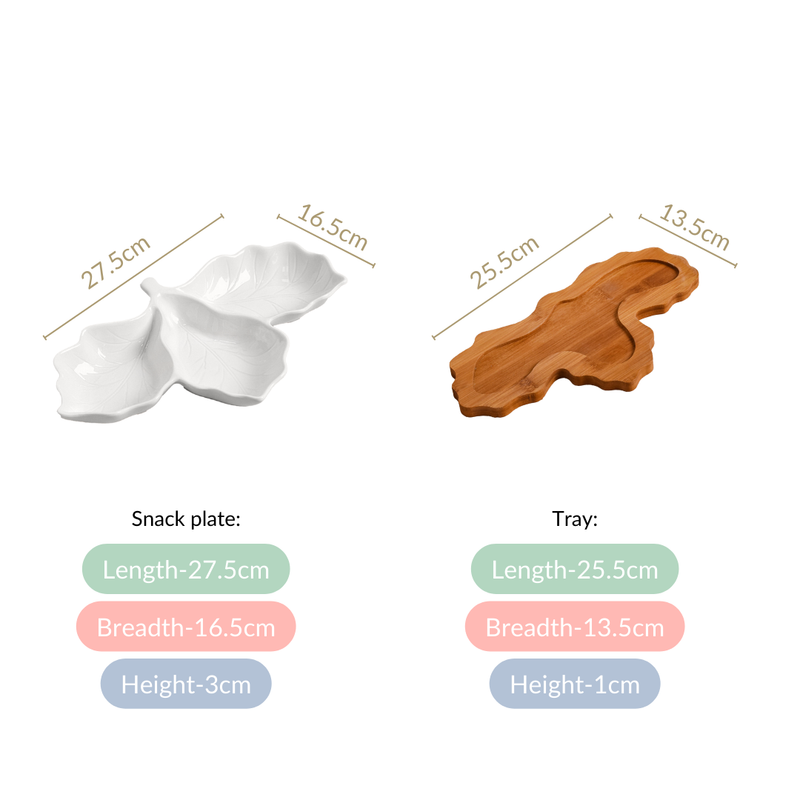 3 Section Leafy Ceramic Plate With Wooden Tray - Section plate, white ceramic plate, compartment plates ceramic