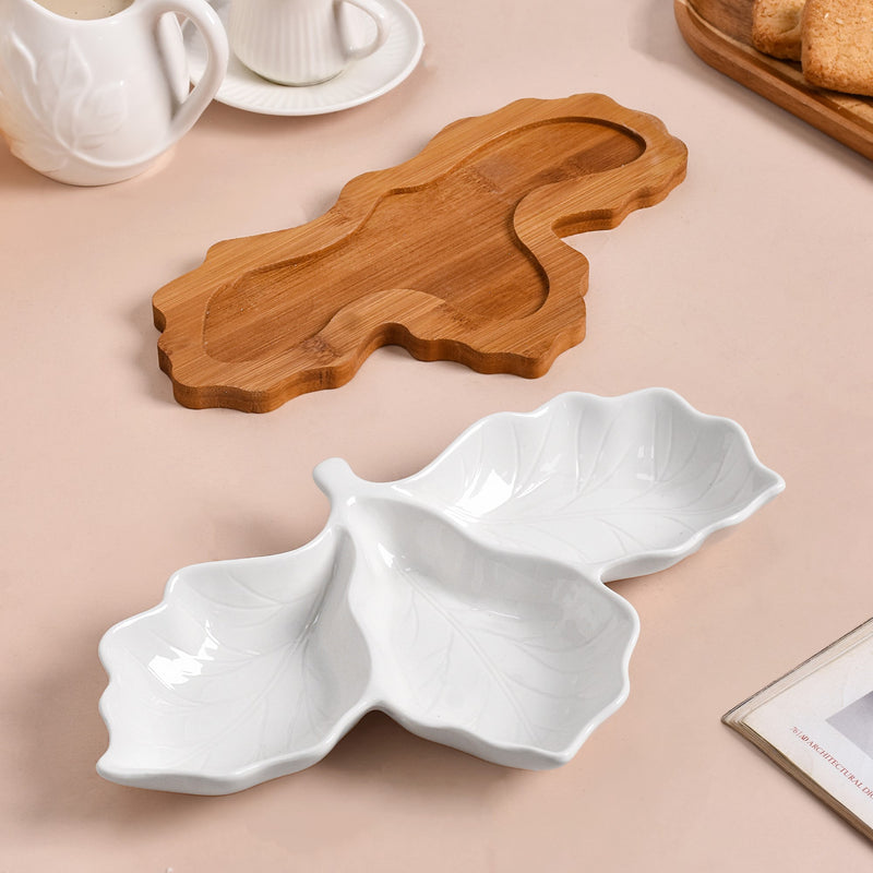 3 Section Leafy Ceramic Plate With Wooden Tray - Section plate, white ceramic plate, compartment plates ceramic