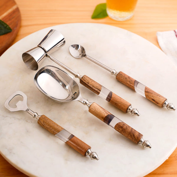 Fusion Wood Resin SS Bar Tool Set Of 4 With Stand