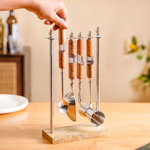 Fusion Wood Resin SS Bar Tool Set Of 4 With Stand