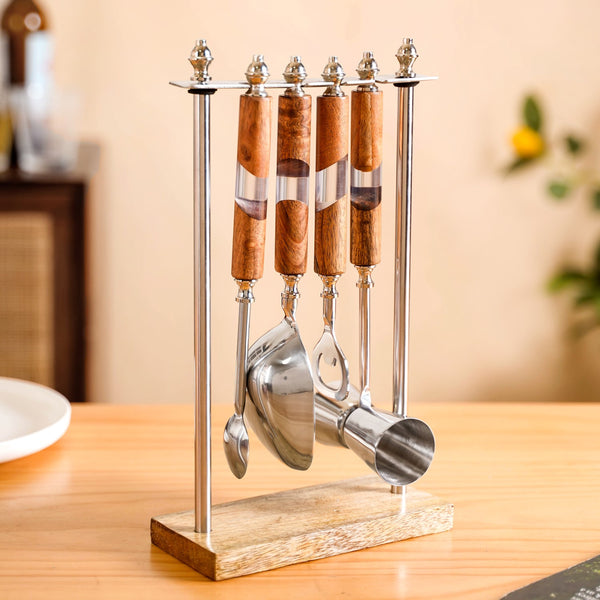 Fusion Wood Resin SS Bar Tool Set Of 4 With Stand