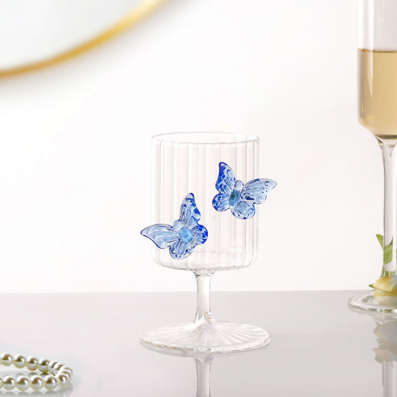 3D Butterfly Detailing Ribbed Wine Glass Blue 250ml