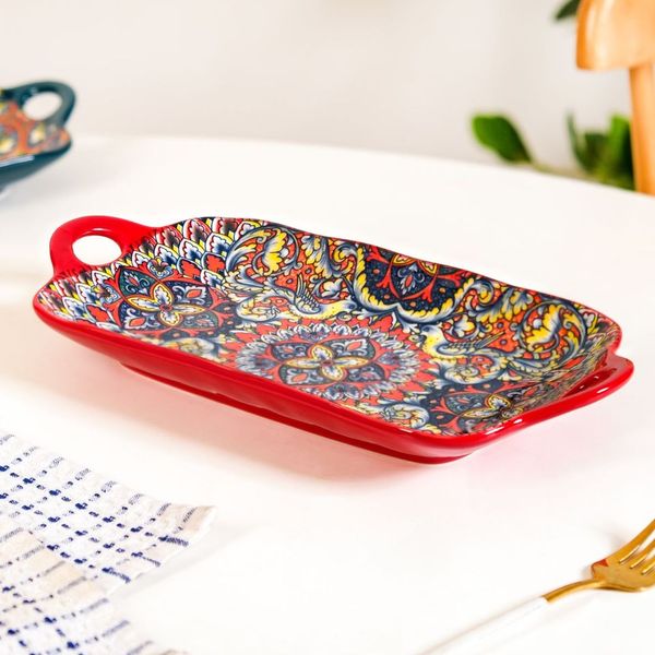 Mandala Melange Long Platter Dish Red