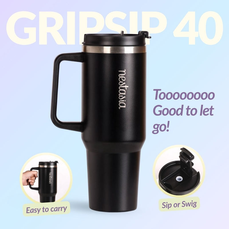 GripSip 40 Insulated Tumbler Bottle With Side Handle Black Noir 1200ml