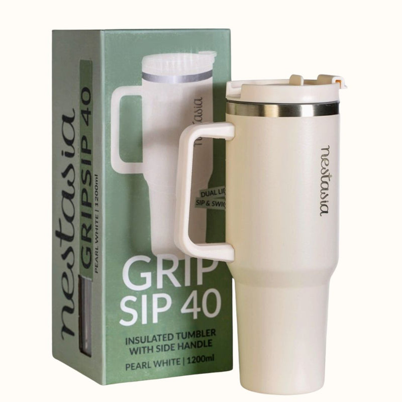 GripSip 40 Insulated Tumbler Bottle With Side Handle Pearl White 1200ml