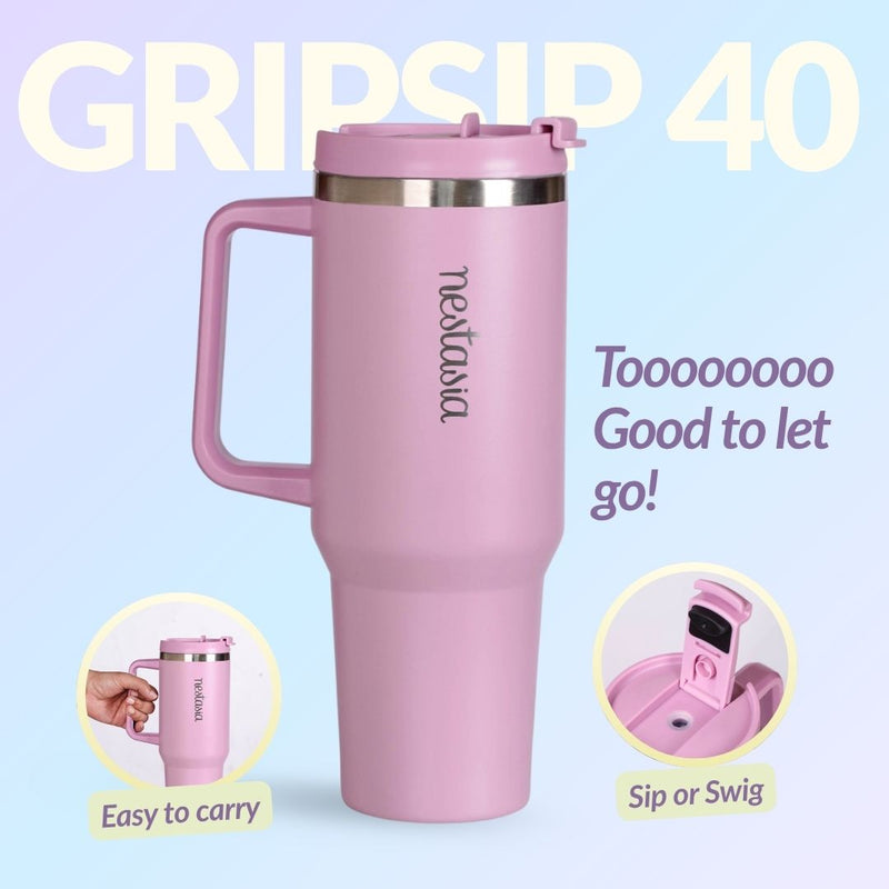 GripSip 40 Insulated Tumbler Bottle With Side Handle Blush Rose Pink 1200ml