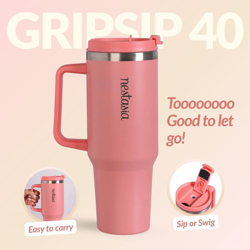 GripSip 40 Insulated Tumbler Bottle With Side Handle Living Coral Pop 1200ml
