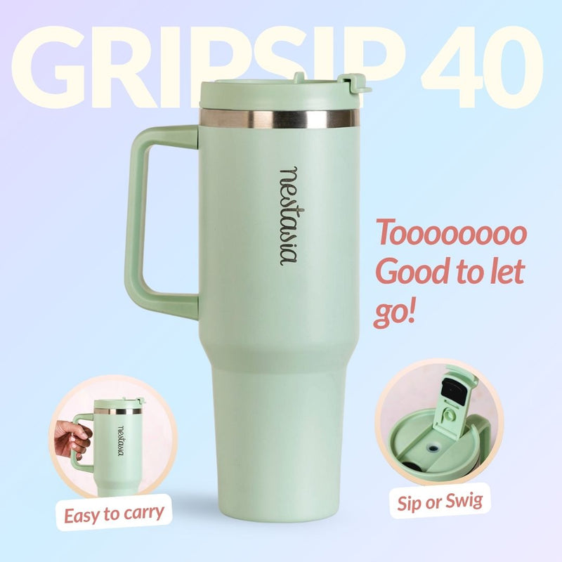 GripSip 40 Insulated Tumbler Bottle With Side Handle Milk Matcha Green 1200ml
