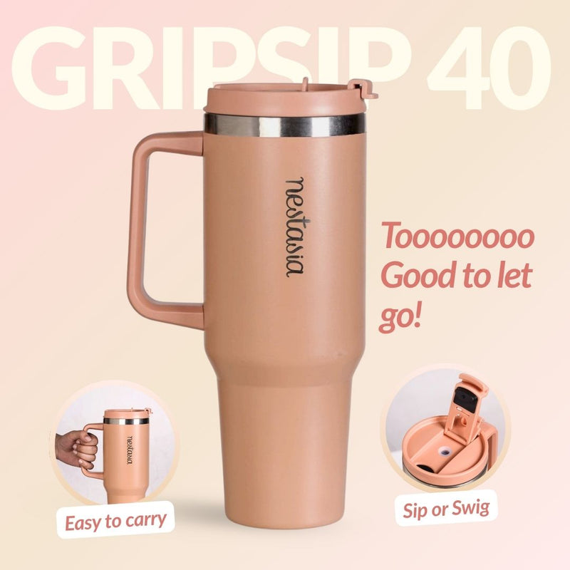 GripSip 40 Insulated Tumbler Bottle With Side Handle Soft Nude Peach 1200ml
