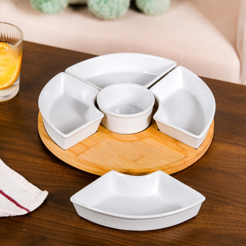 6 Piece White Ceramic Chip and Dip Platter Set