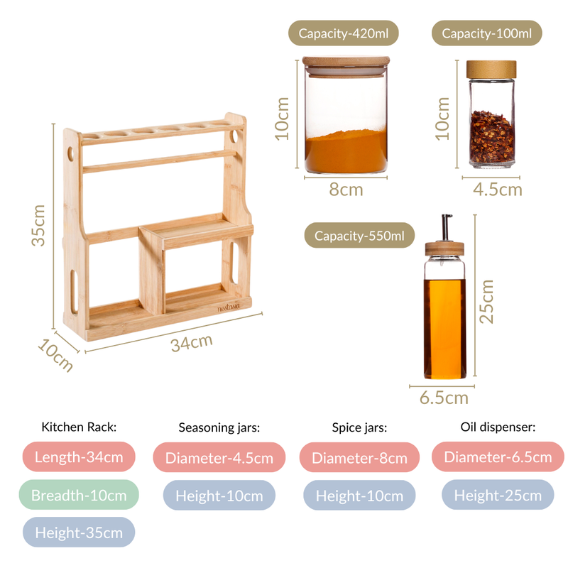 Spice Jars And Oil Bottles Set Of 12 With Wooden Stand