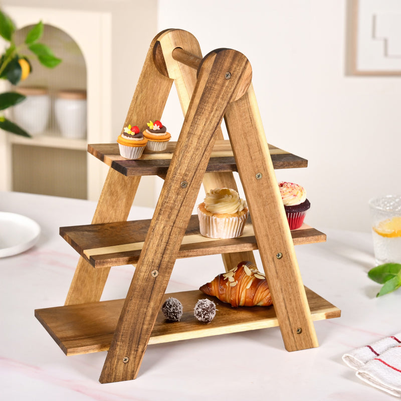 A Shaped 3 Tier Acacia Wood Serving Platter Stand