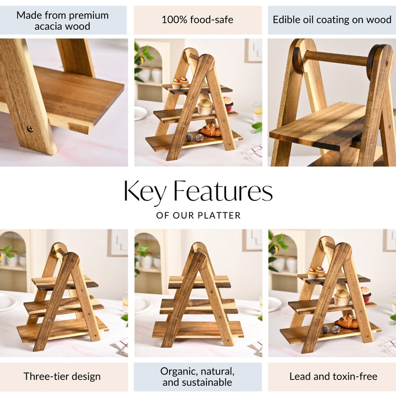 A Shaped 3 Tier Acacia Wood Serving Platter Stand