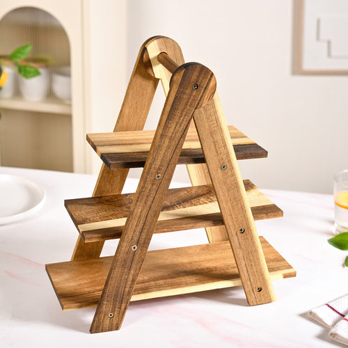 A Shaped 3 Tier Acacia Wood Serving Platter Stand