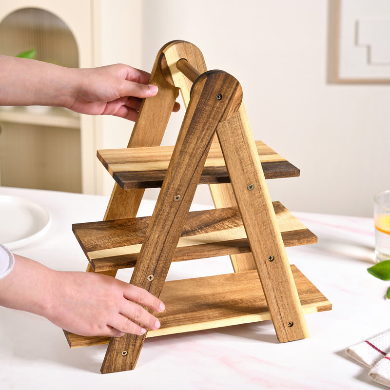 A Shaped 3 Tier Acacia Wood Serving Platter Stand