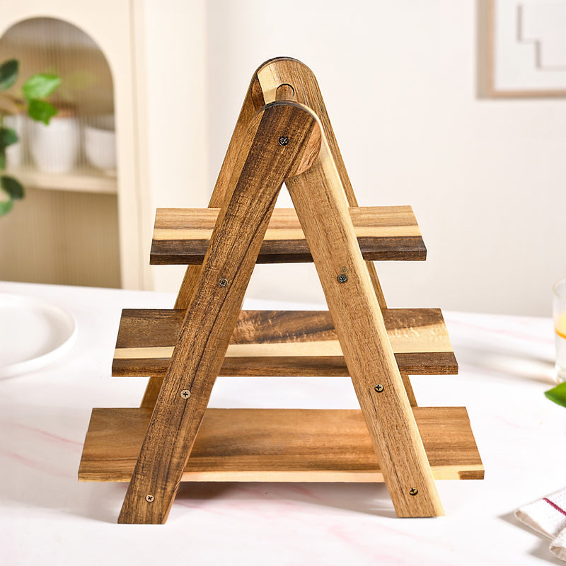 A Shaped 3 Tier Acacia Wood Serving Platter Stand