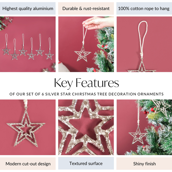 Set Of 6 Silver Star Christmas Tree Decoration Ornaments