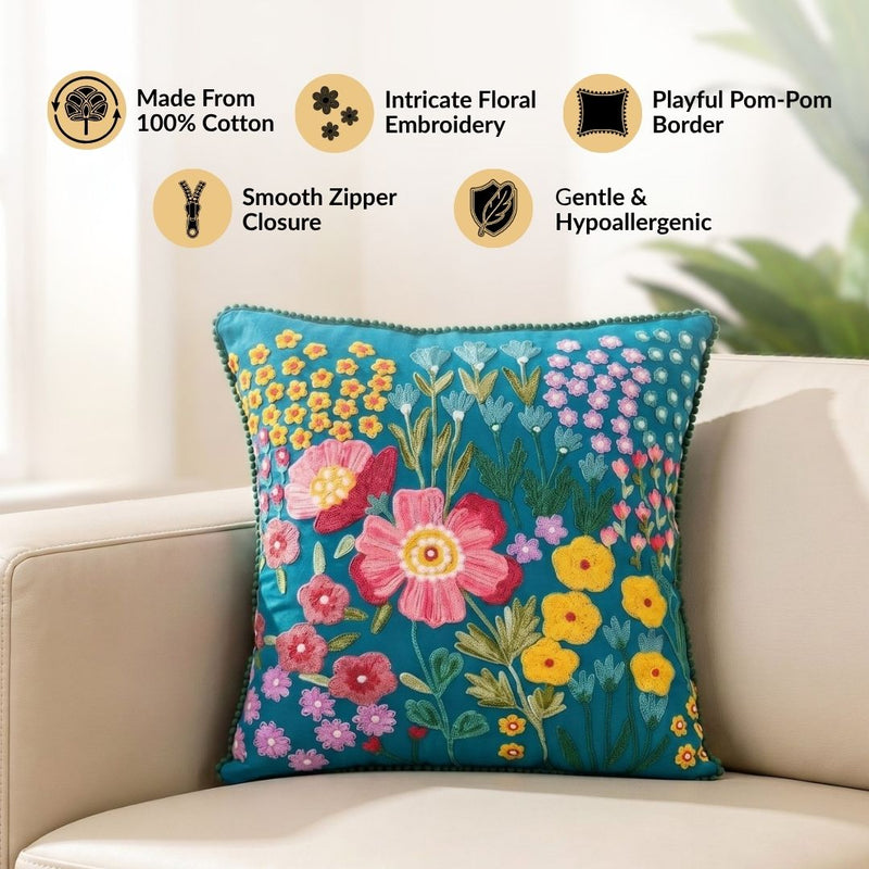 Enchanted Flora Cotton Embroidered Cushion Cover 40x40cm