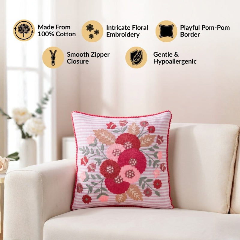 Pink Stripe Cotton Embroidered Cushion Cover 40x40cm