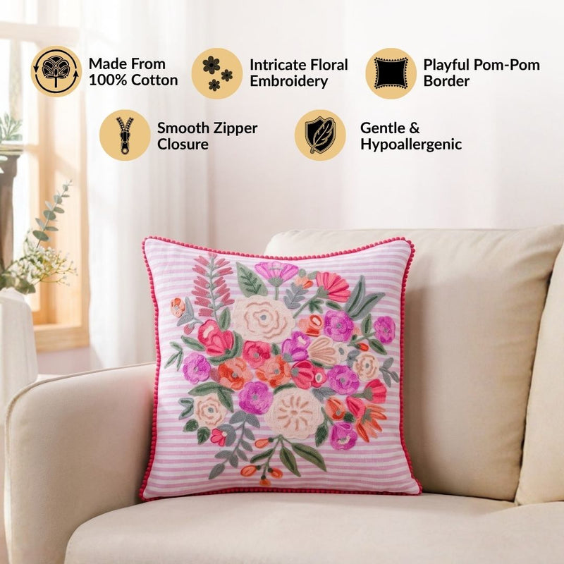 Blush Breeze Embroidered Stripe Cotton Cushion Cover 40x40cm