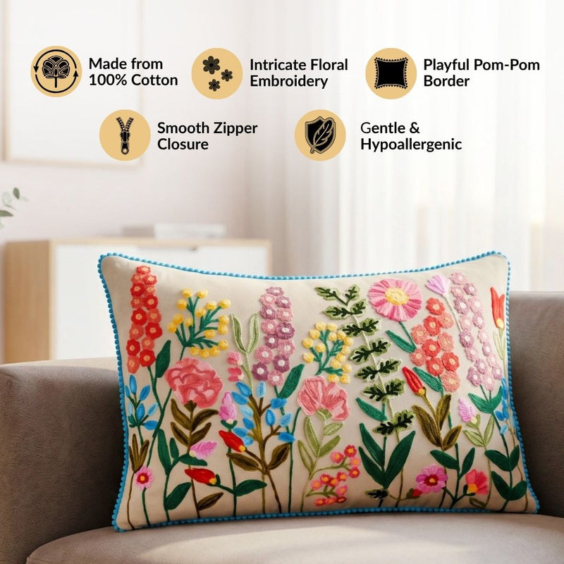 Meadow Blooms Embroidered Cotton Cushion Cover 40x40cm