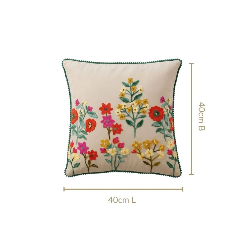 Meadow Blooms Embroidered Cotton Cushion Cover 40x40cm