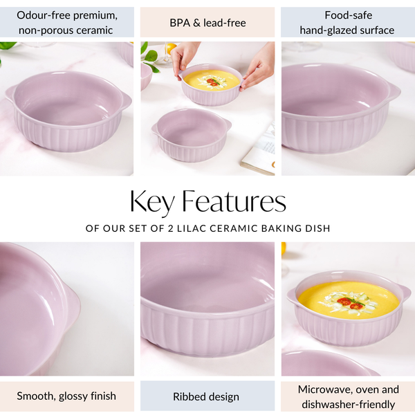 Set Of 2 Lilac Ceramic Baking And Serving Dish 800ml