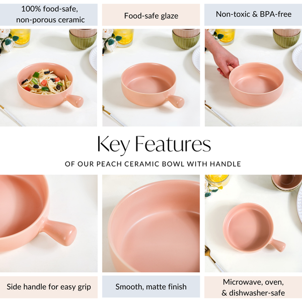 Peach Ceramic Bowl With Handle 700ml