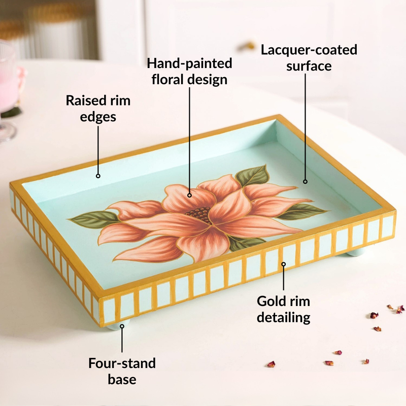 Lotus Royale Hand Painted Rectangular Mango Wood Tray