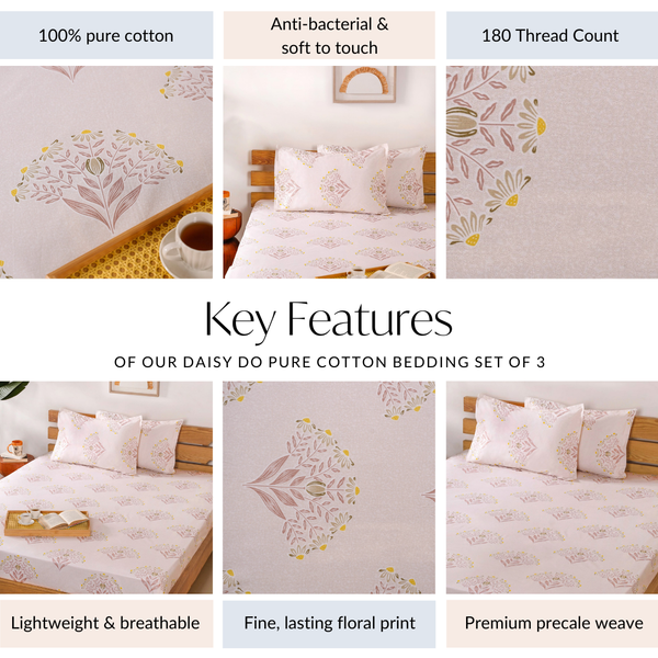 Ultra Soft Daisy 180 TC Pure Cotton Bedding Set Of 3 King Size 275x275 cm