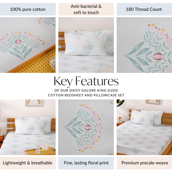 Daisy Florals King Sized Pure Cotton Bedding Set 180 TC Ultra Soft 275x275 cm