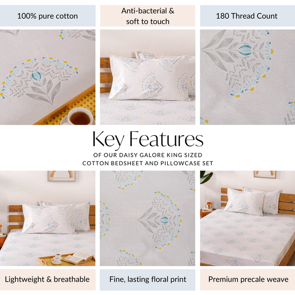 Pure Cotton Daisy Bedsheet Set 180 TC Ultra Soft King Size 275x275 cm