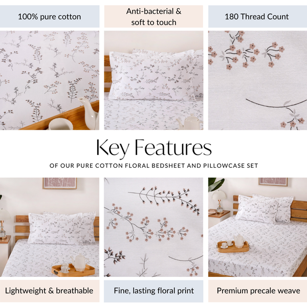 Pure Cotton Floral Bedsheet And 2 Pillowcase Set 180TC King Size 275x275 cm