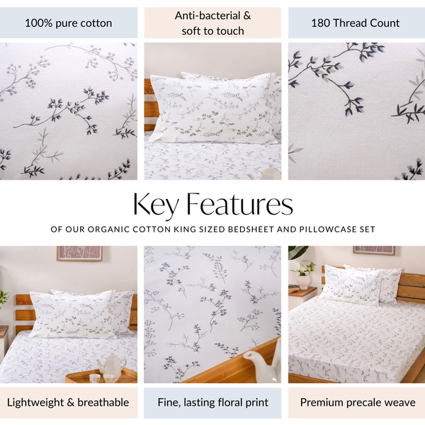 Pure Cotton Bedsheet And Pillowcase Set 180 TC Soothing Soft King Sized 275x275 cm