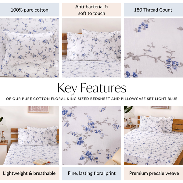 Pure Cotton Floral Bedding Set Blue 180 TC King Size 275x275 cm