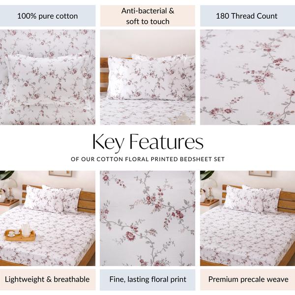 Floral 100% Pure Cotton Night Bedsheet Set 180 TC Soft Touch King Size 275x275 cm