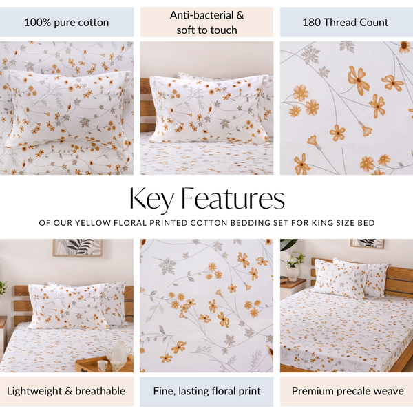 Yellow Floral Printed 180 TC Pure Cotton Bedding Set For King Size Bed 275x275 cm