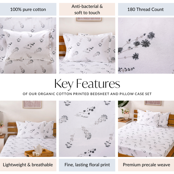 Pure Cotton Printed Bedsheet And Pillow Case Set 180 TC King Size 275x275 cm