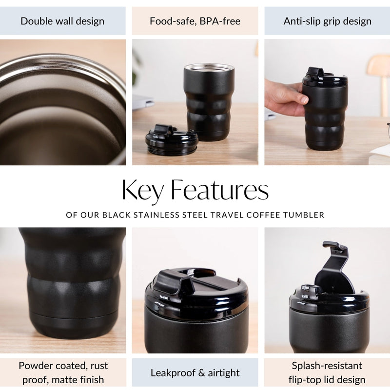 Brewster Stainless Steel Spill Proof Coffee Tumbler Black Noir 350ml