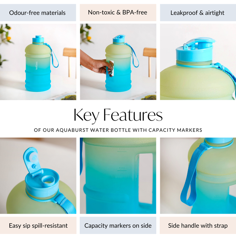 AquaBurst Water Bottle With Capacity Markers Ombre Green Blue 2200ml