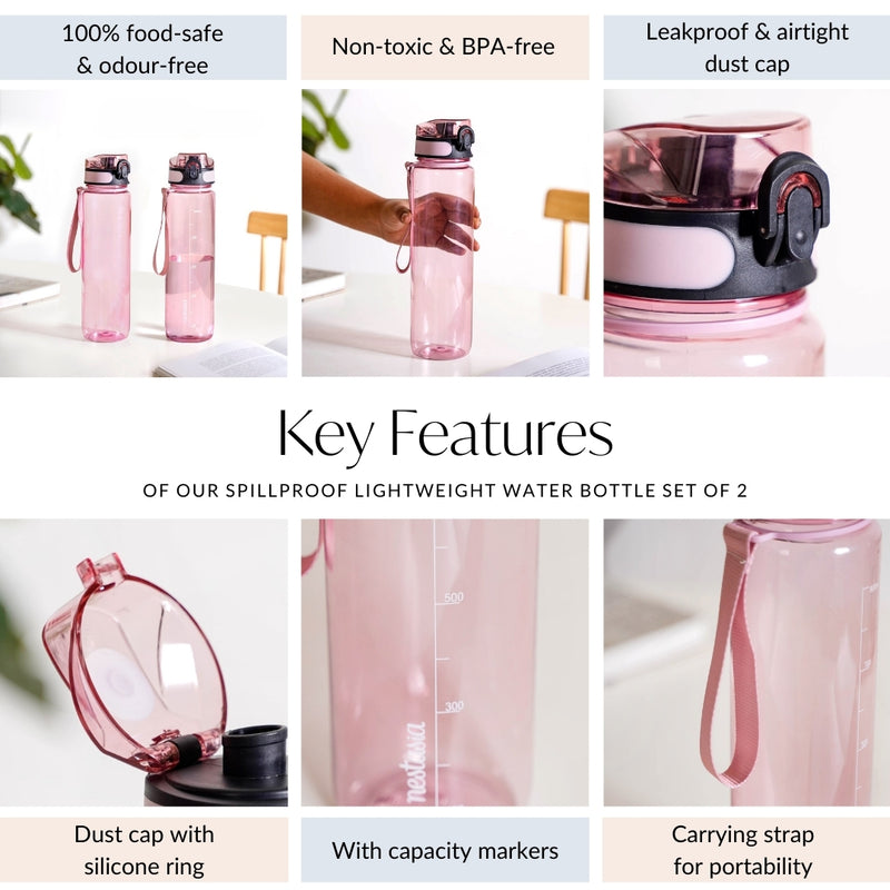 Aqualite Spillproof Water Bottle Set Of 2 Coral Sunset 1000ml