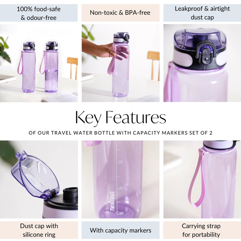 Aqualite Travel Water Bottles Set Of 2 Lavender Blush 1000ml