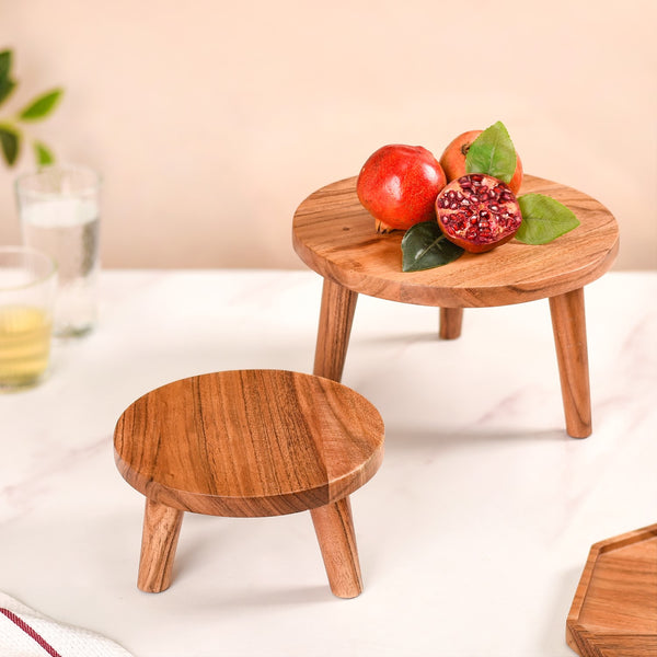 Wooden Stool Pedestal Serving Platter Set Of 2