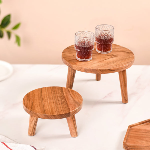 Wooden Stool Pedestal Serving Platter Set Of 2