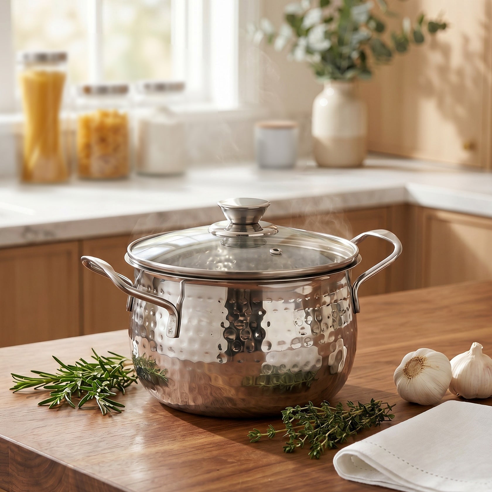 Steel Hammered Serving Handi With Glass Lid 1250ml