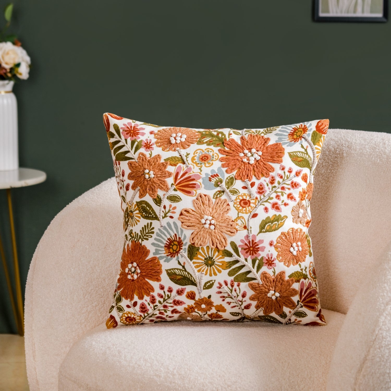 Floral Pop Embroidered Cushion Cover 16x16 Inch